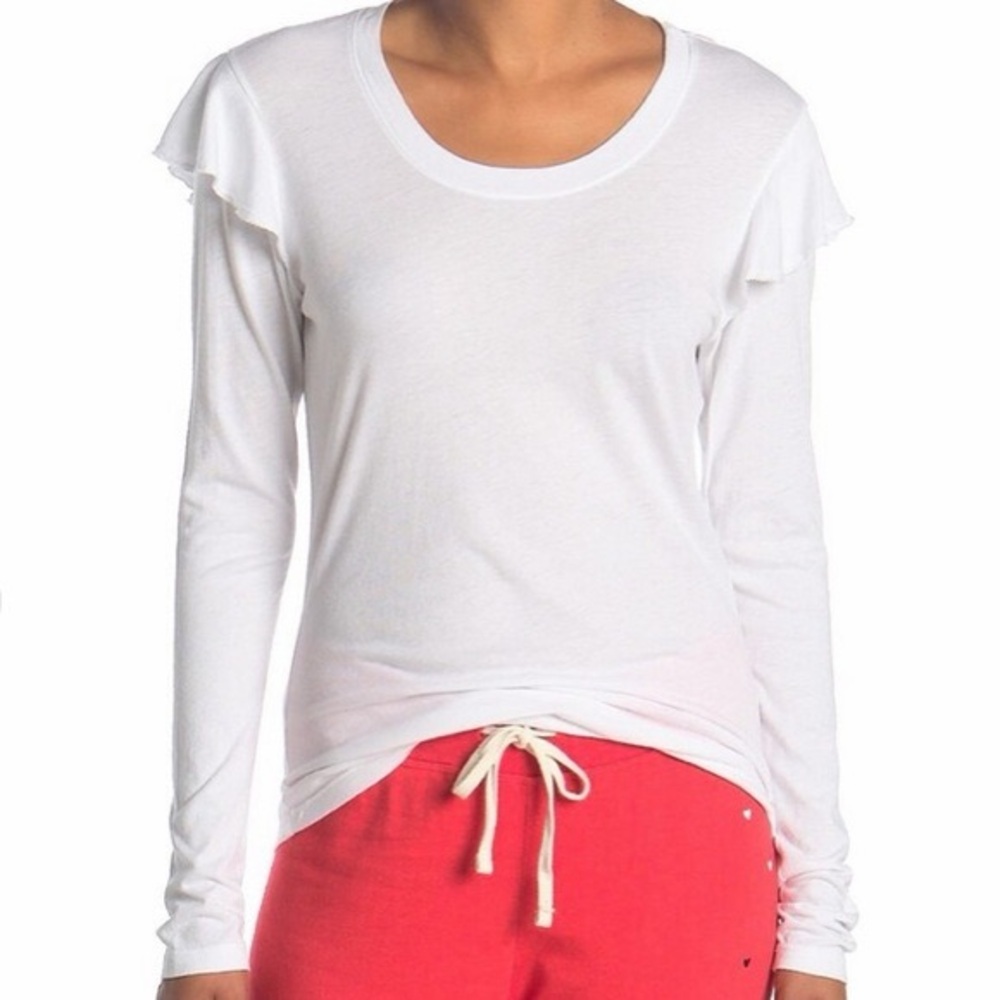 NEW Sundry Cotton Modal White Long Sleeve Ruffle Tee Top 4 XL 14 Nordstrom
